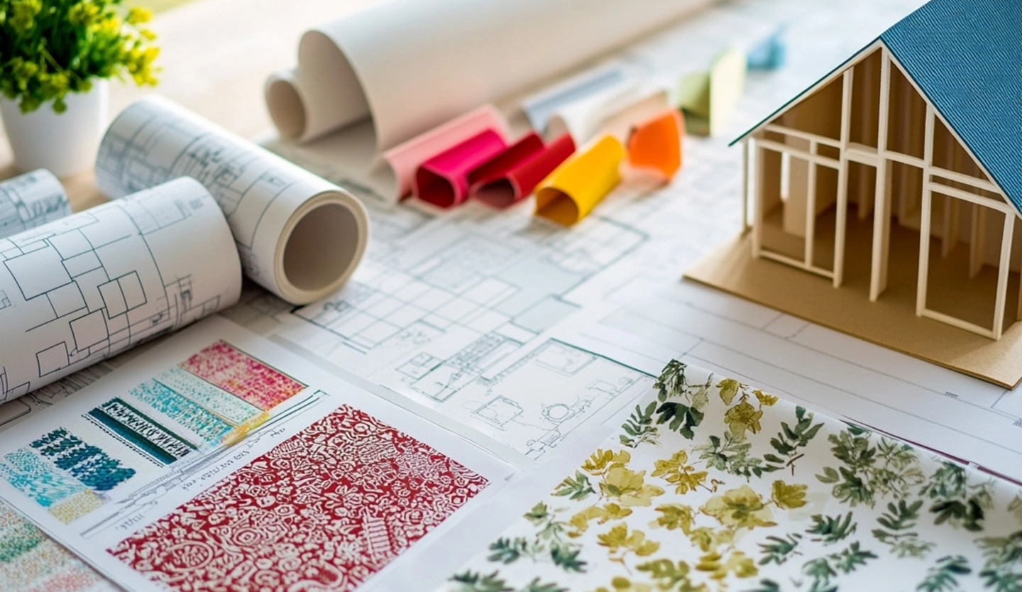 Architectural drawings, a model and printed wallpaper samples on a desk