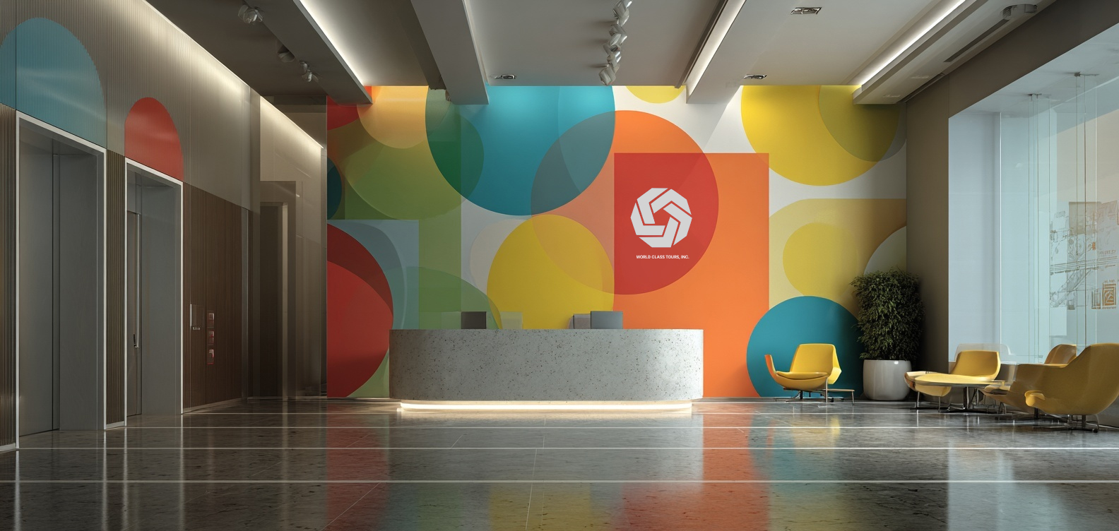 interior view of a corporate office lobby with a branded accent wall of geometric shapes and the company logo centered on the wall