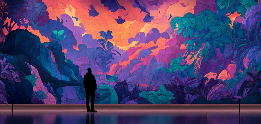 A man in a gallery enjoys the stunning artwork of the floor to ceiling art installation featuring a lush tropical scene in vibrant hues of purples, blues, golds and magentas
