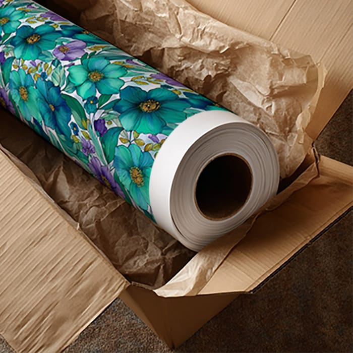 Packaged custom wallpaper roll in a cardboard box with ample packaging delivery