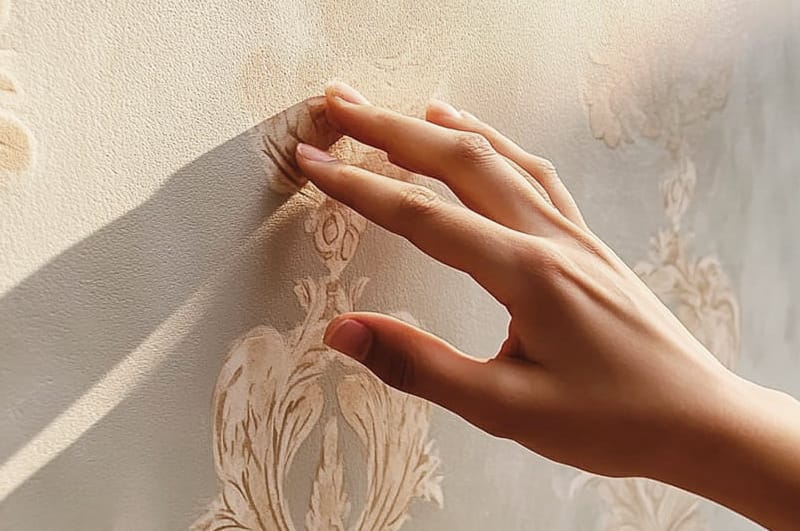 Photo of a hand touching a wallpaper texture under sunlight