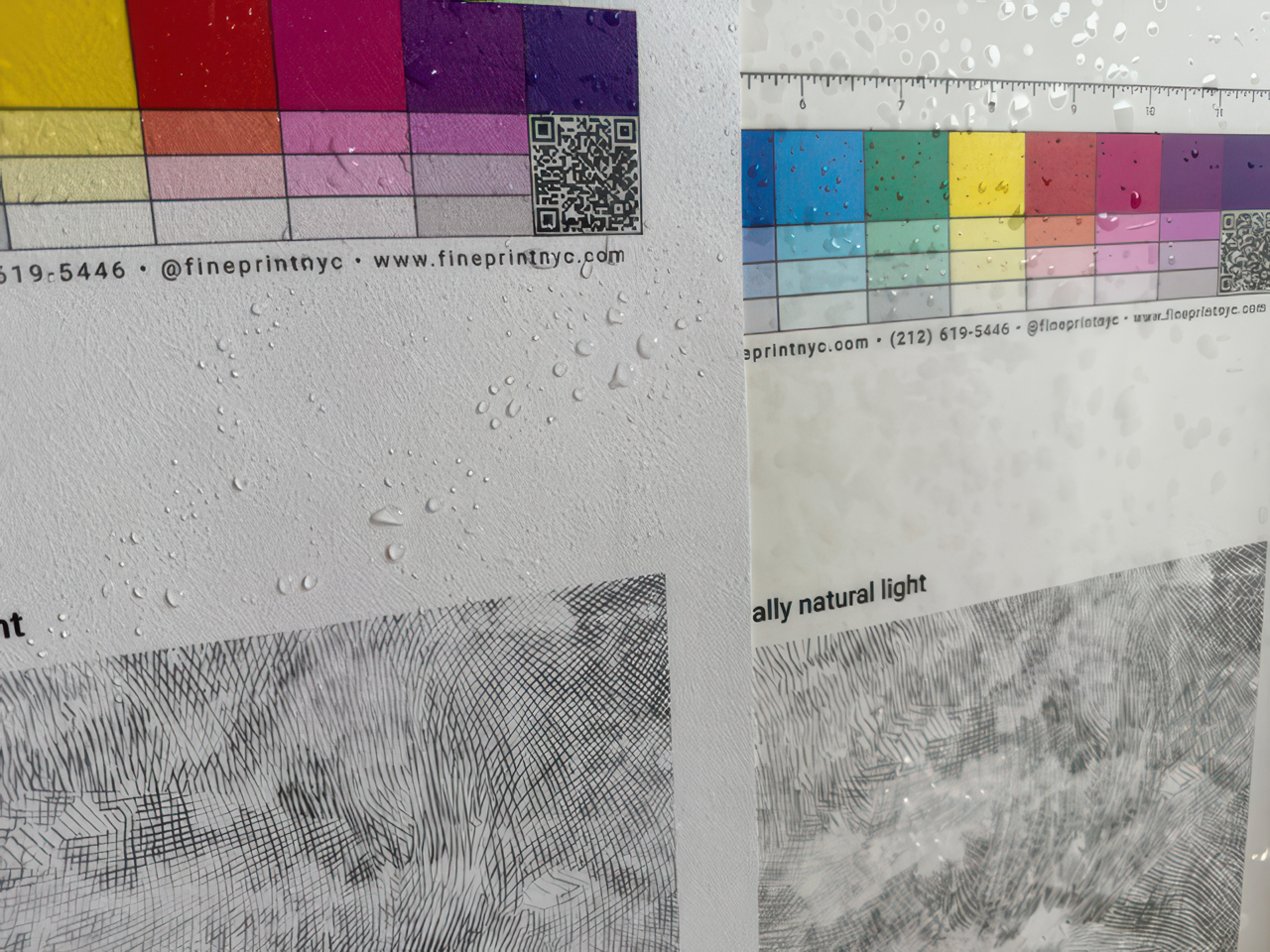 Nolar Smooth and Mystical wallpaper surfaces wetted side by side, demonstrating Nolar Smooth's water resistance