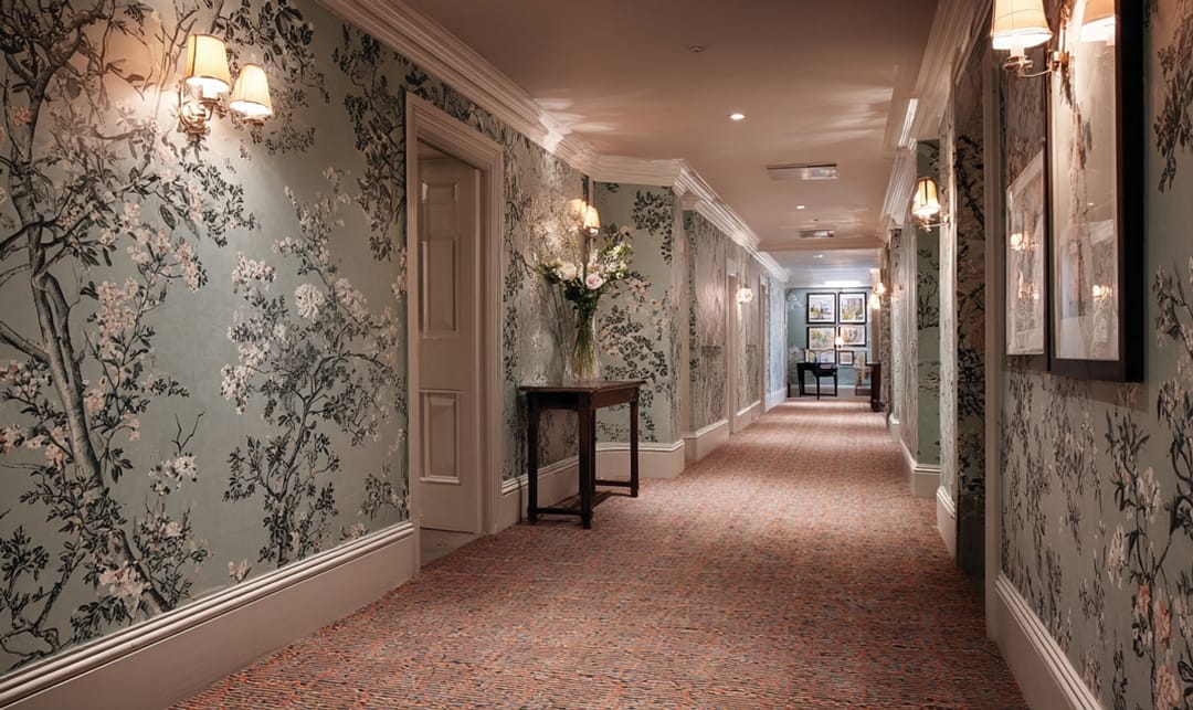Interior photo of a long corridor with a japanese floral print on the walls