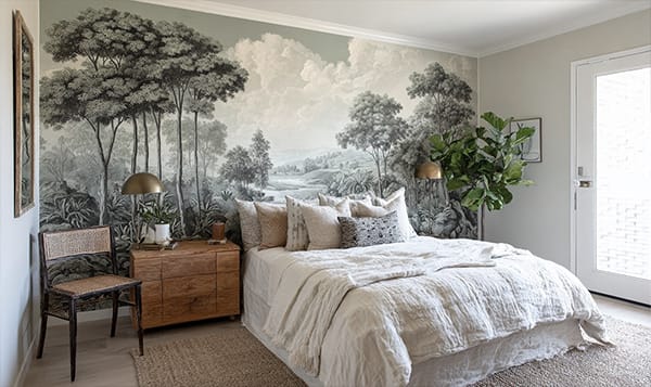 Interior photo of a mural accent wall featuring a forest and nature scene in a bedroom