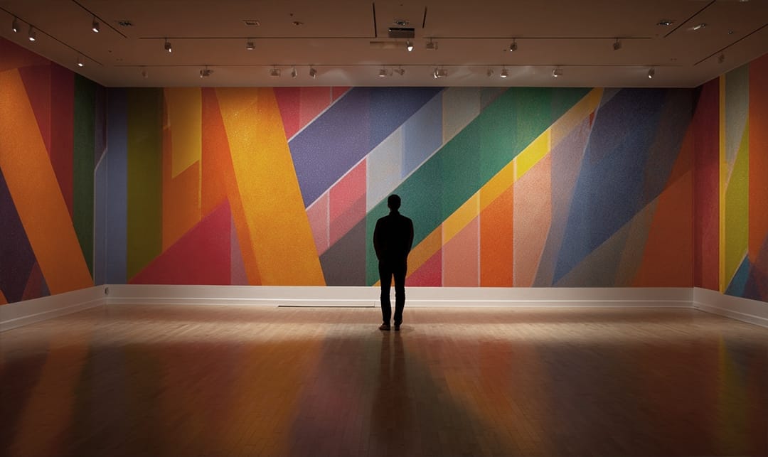 Interior shot of gallery with colorful fine art wall print mural