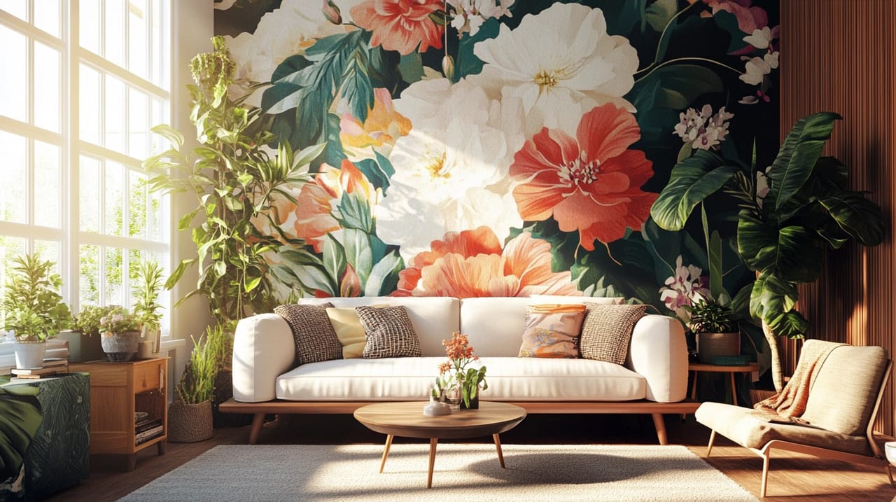 A large floral peel and stick wall mural behind a living room sofa