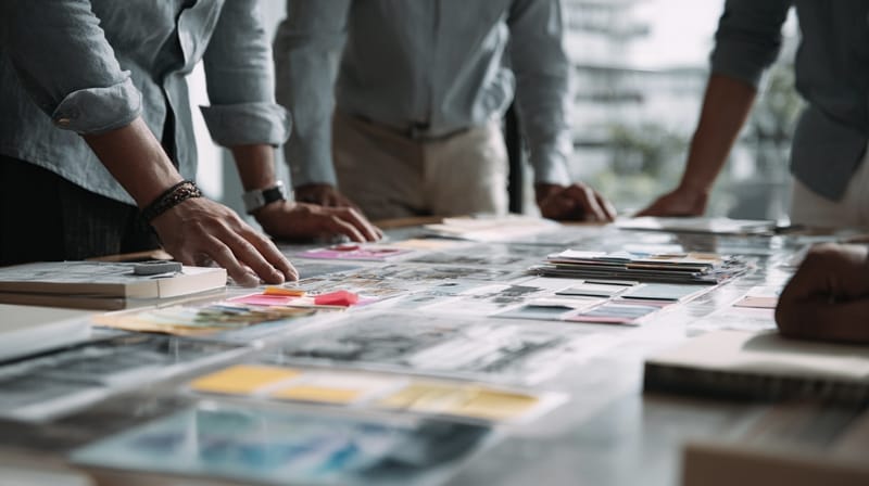 Image of a board meeting conference call with desk full of architectural blueprints and color swatches