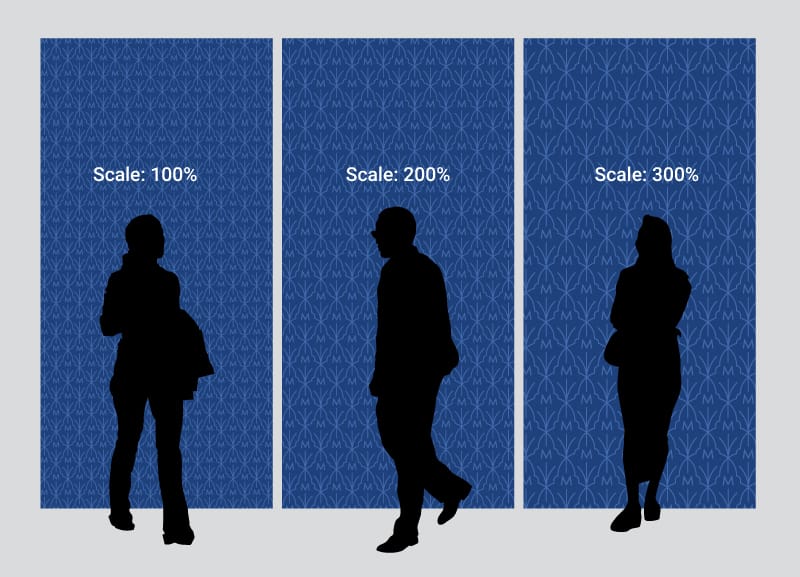schematic layout showing three different sizes of a wallpaper pattern with silhouette of people to represent scale