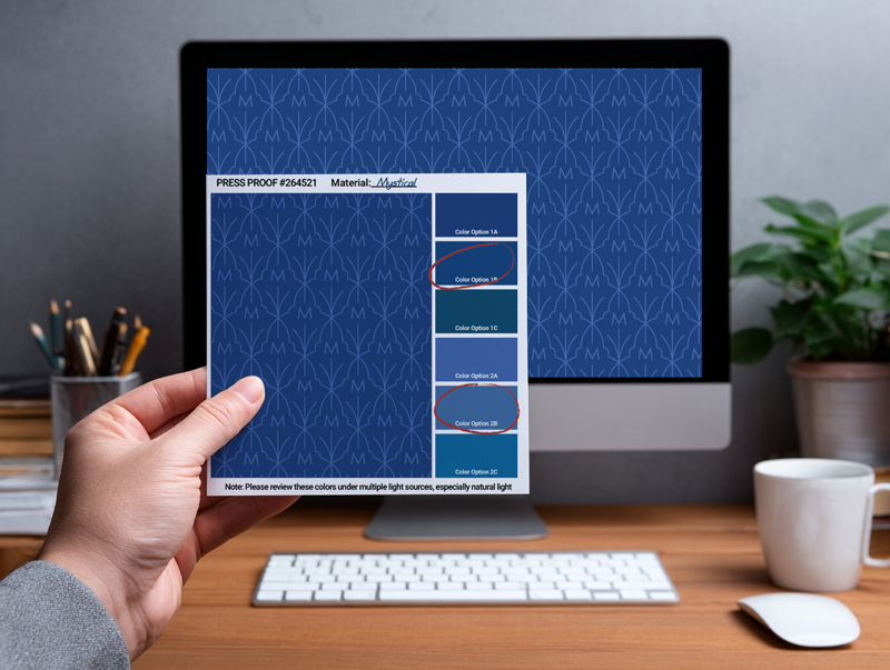 Photo of a hand holding up a printed prof comparing it to the color on a computer screen