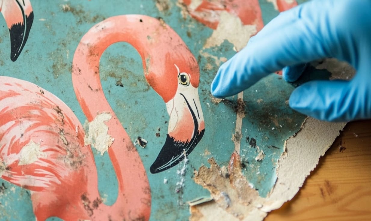 Retouching water and smoke damage on an antique wallpaper sample