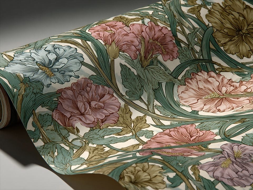 The sinuous line work of an Art Nouveau wallpaper design