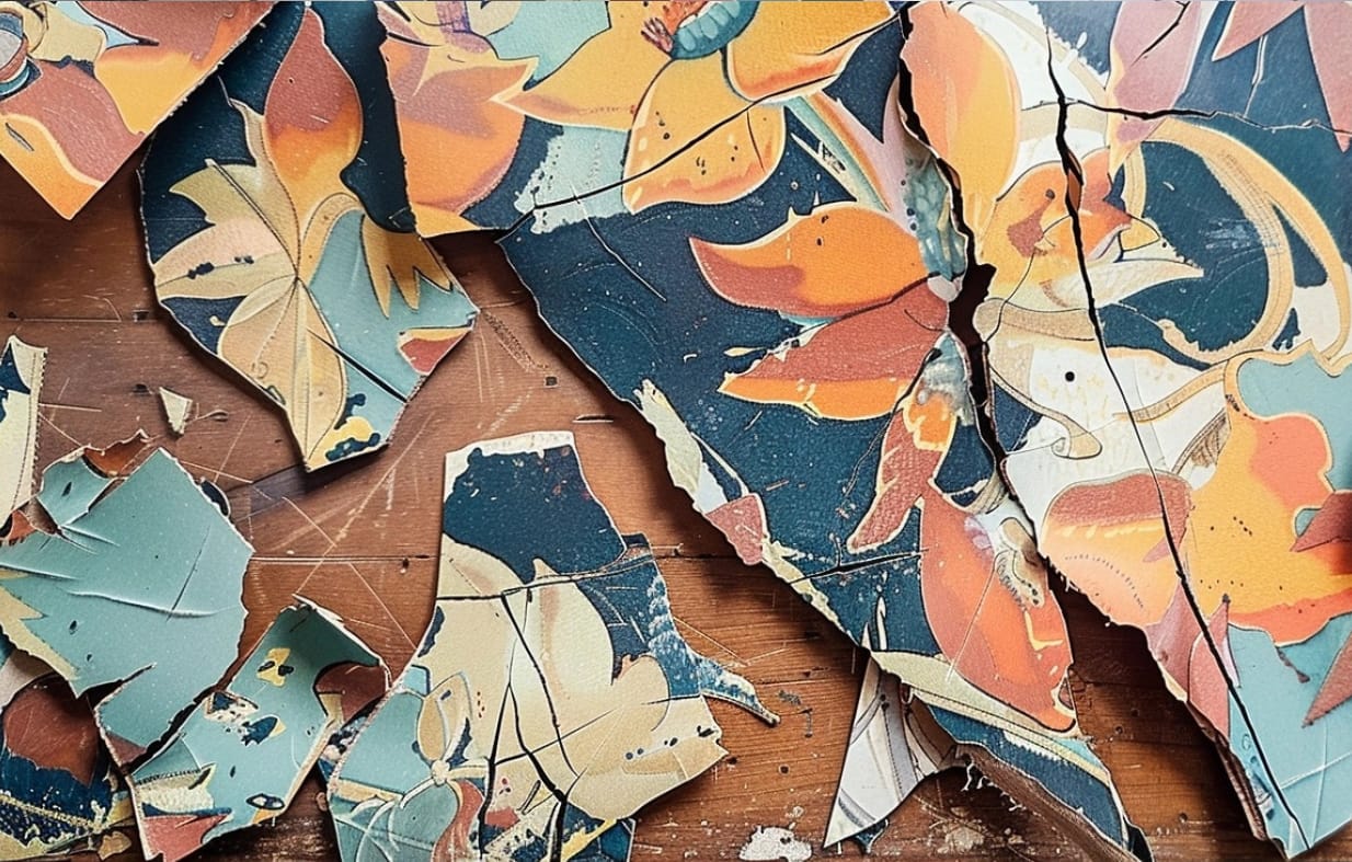 A torn, incomplete vintage wallpaper fragment
