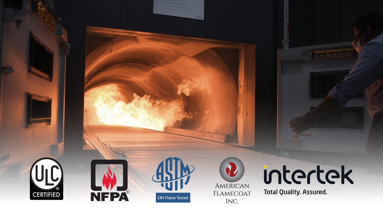 Flames in an ASTM E84 Steiner tunnel test chamber, with ULC, NFPA, ASTM, American Flamecoat and Intertek logos