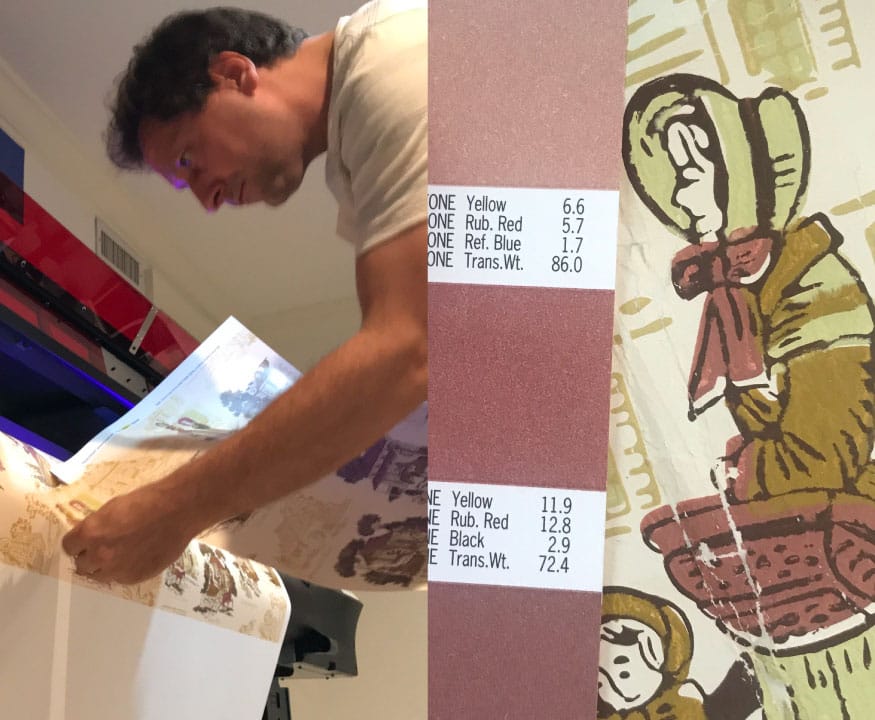 Printing Technician performing color matching on press
