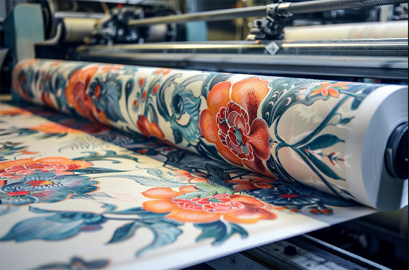 Floral wallpaper roll being printed on press