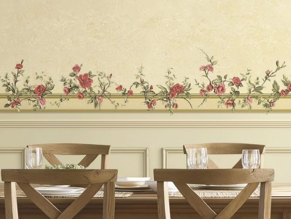 Custom printed wallpaper border above a chair rail on a dining room wall