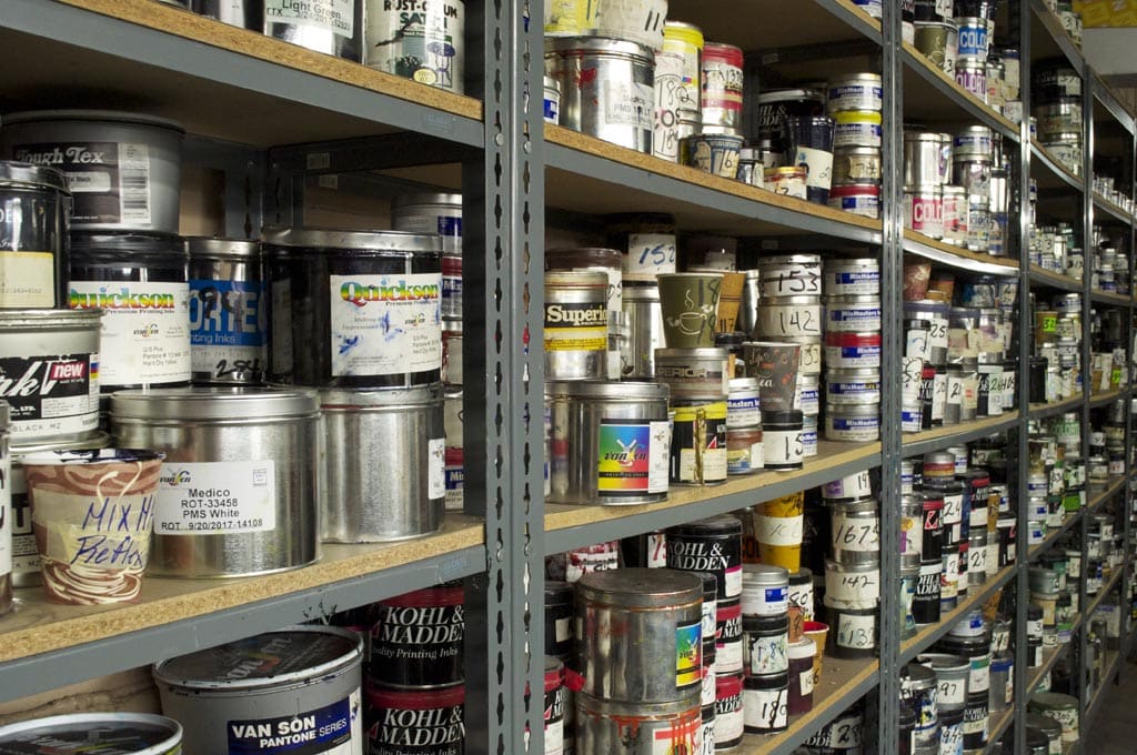 Shelf full of printing inks