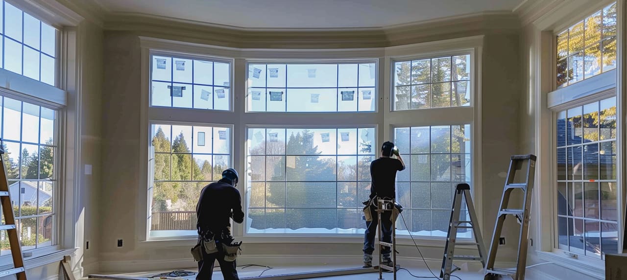 installation of window film in a colonial home bay window