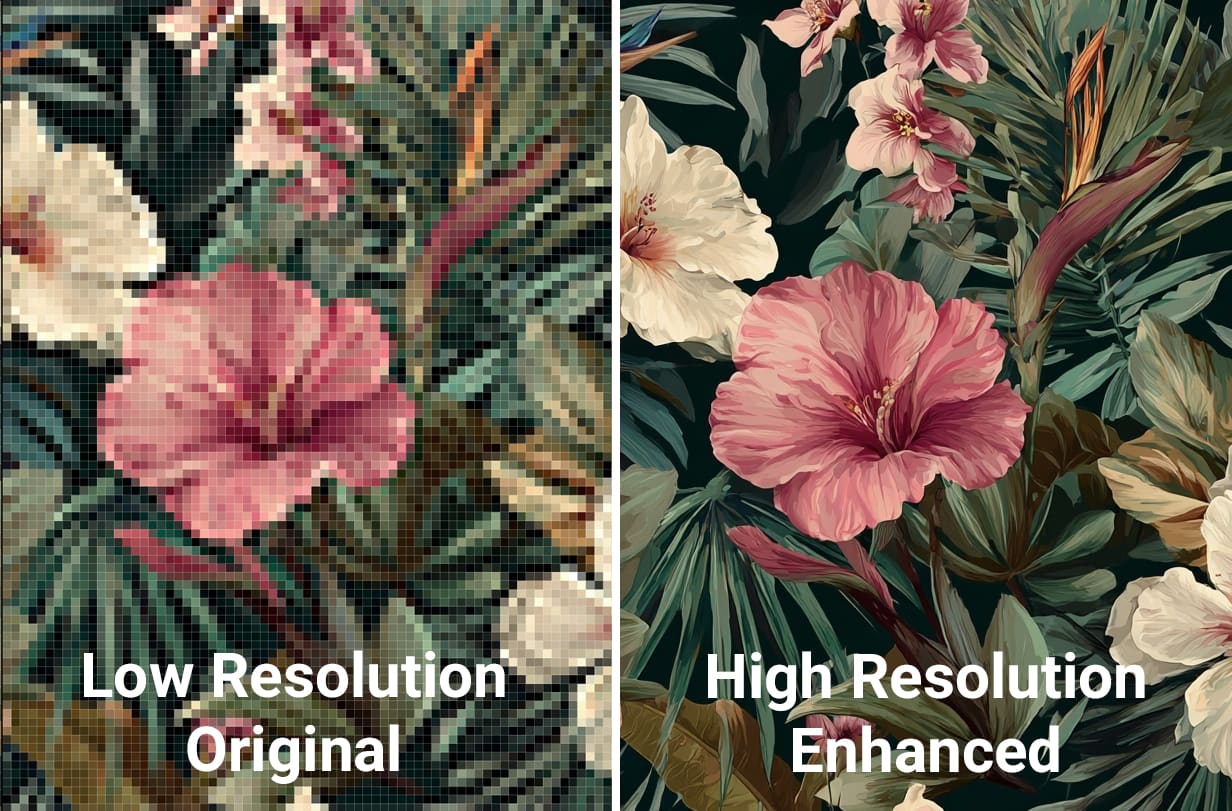 Comparison showing a small AI-generated image next to the same image upscaled for wall-scale printing
