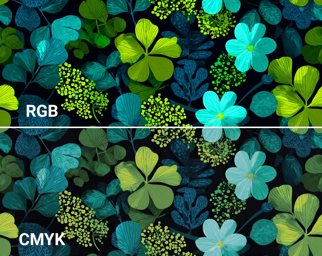 Side-by-side comparison of RGB screen colors versus CMYK print output