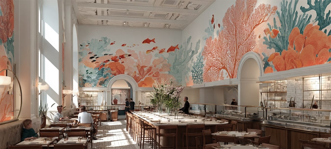 Completed AI art wallpaper installation in a modern interior