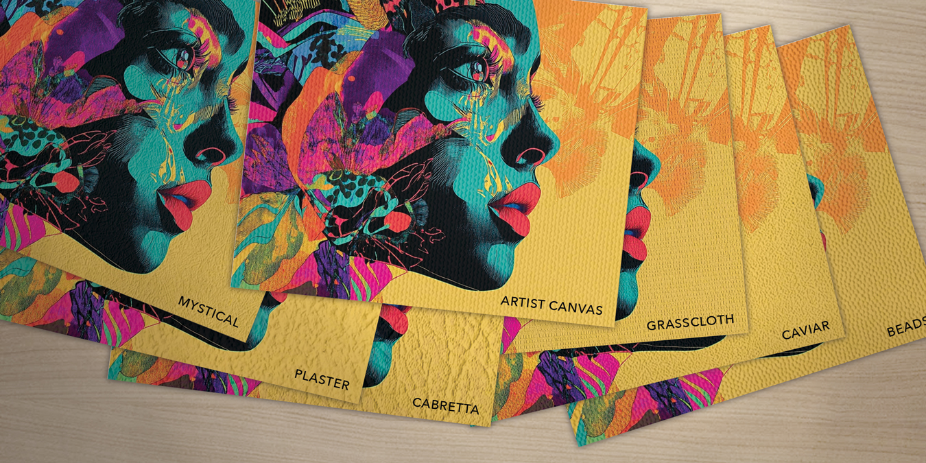 One artwork printed on several wallpaper sample materials, from Mystical to Grasscloth