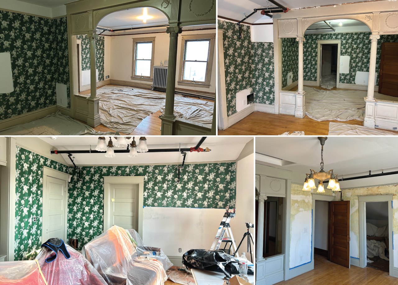 A third-floor Forest House bedroom under restoration, its walls still wearing the original green floral, with arched openings and columns intact