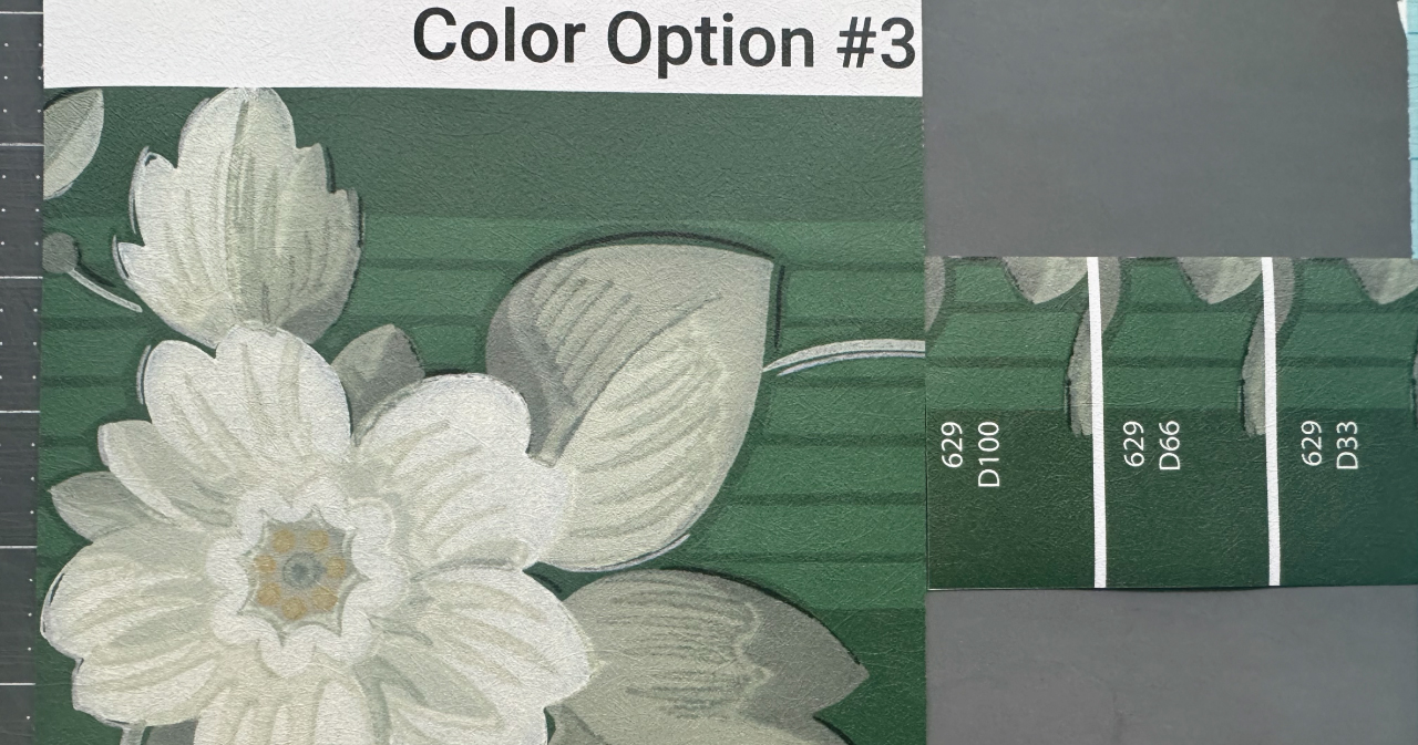 Internal color matching test prints on a table for evaluation