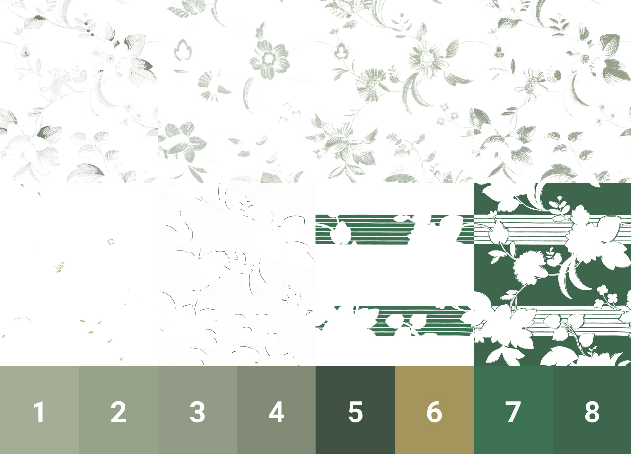 Full layout of all 8 colors separated with corresponding numbered color chips underneath