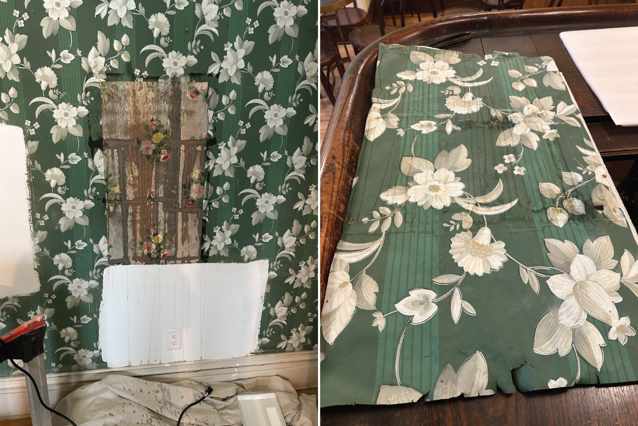 The Forest House green floral as found — stained, torn, and lifting from the plaster