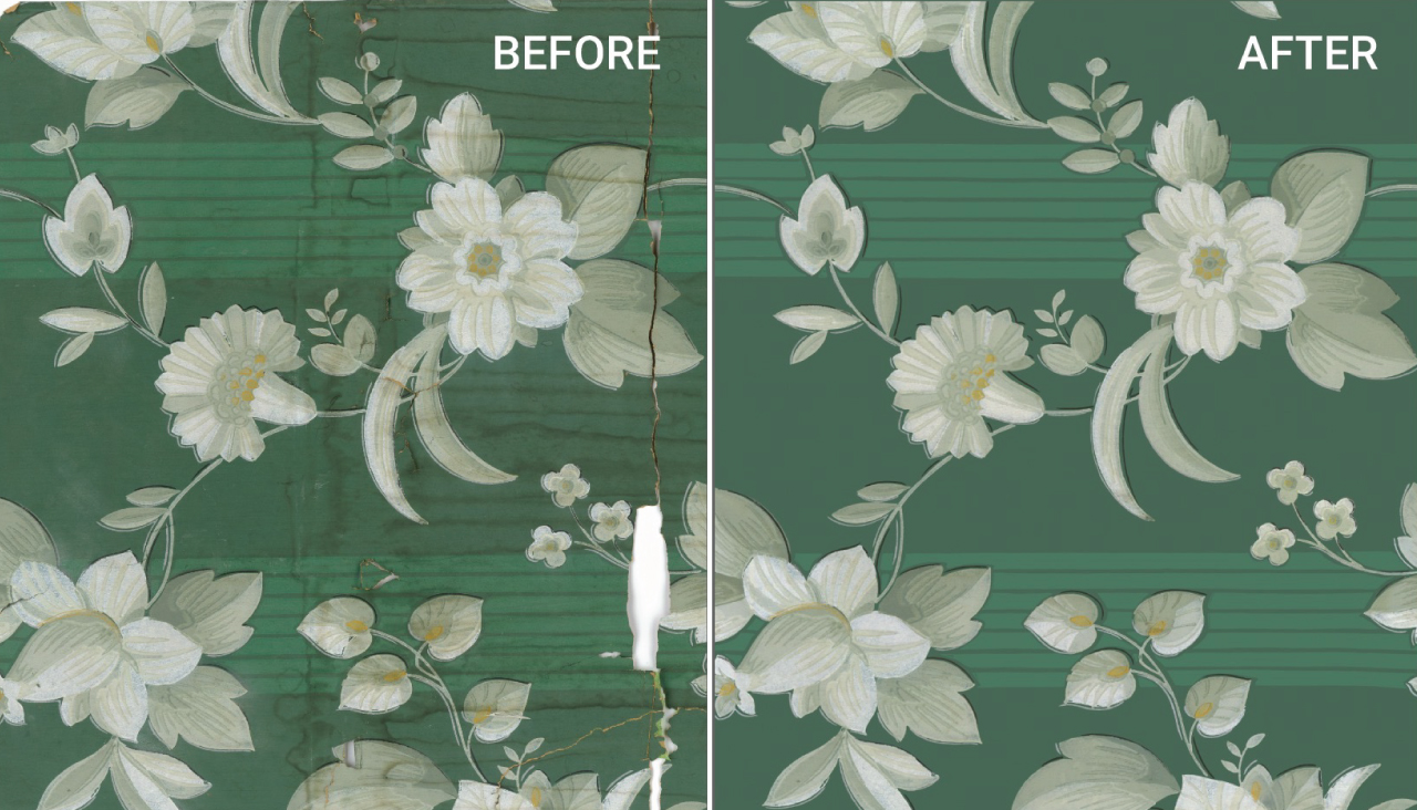 Digital repair and reconstruction of the Forest House floral — the damaged original before, the rebuilt artwork after