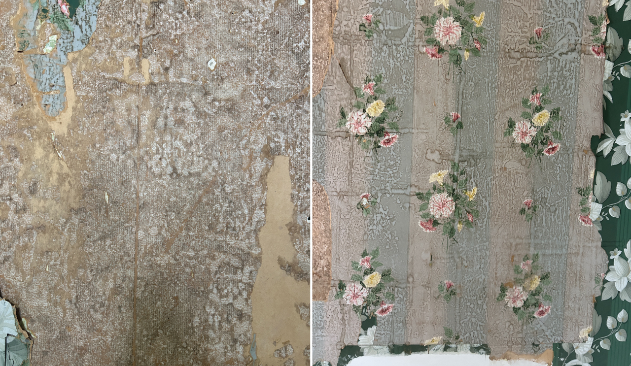 A Forest House wall stripped to reveal its layers — the deep-green floral over an older pattern beneath it