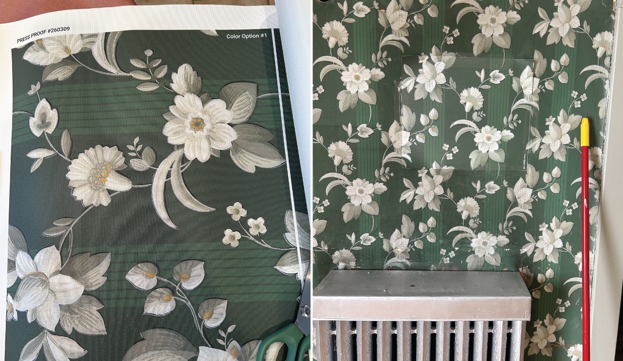 A press proof of the recreated Forest House floral held against the surviving original on the wall