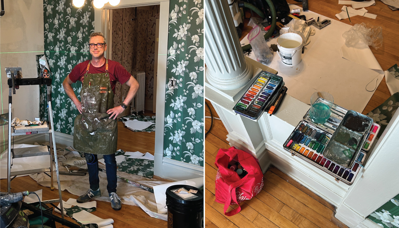 William Suran of WS Wallpaper and Finishes, showing the custom-mixed paints used to fill the irregular wall margins