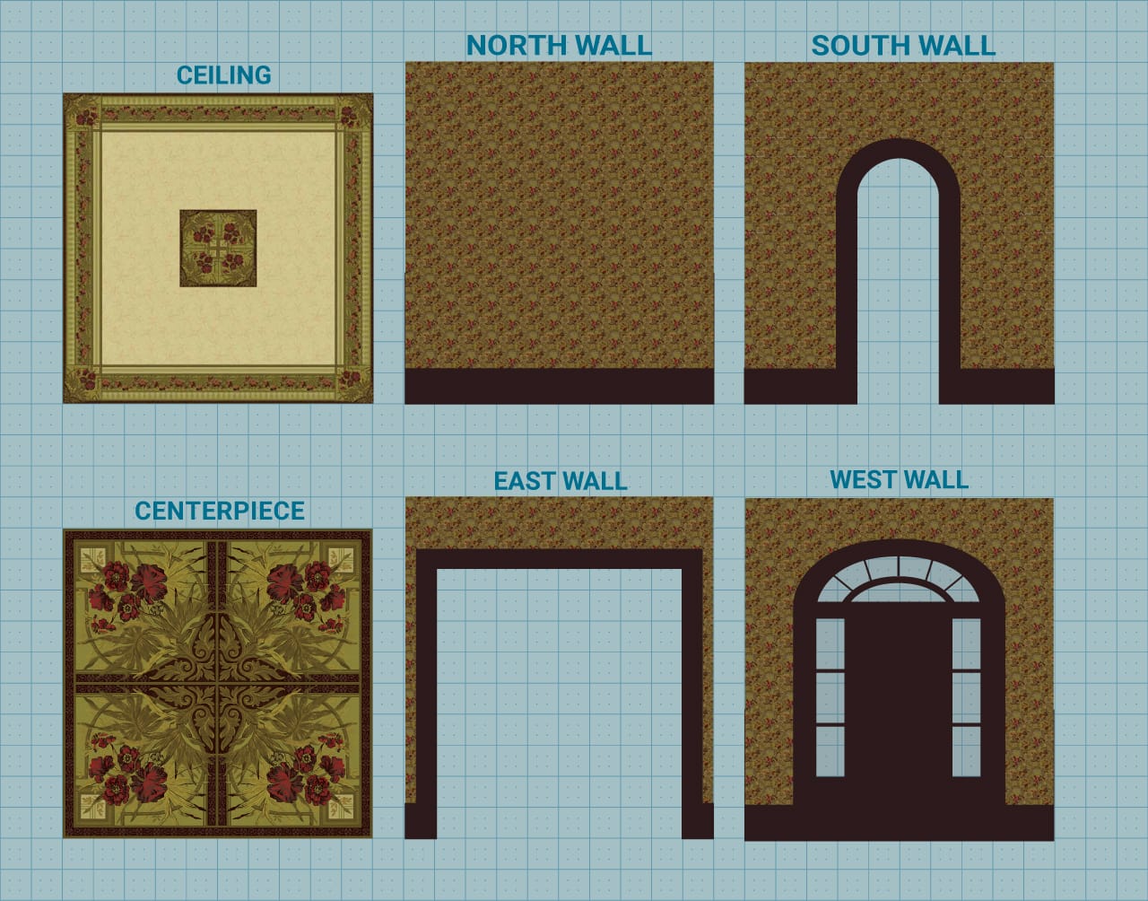 Foyer wall and ceiling layout diagram for Glenmore Mansion showing the four coordinated 1882 wallpaper patterns and the ceiling medallion