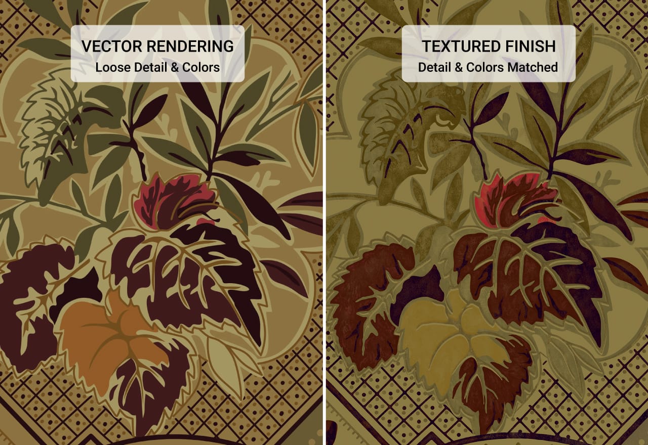 The recreated Glenmore wallpaper with its hand-applied distressed finish — the aged character of the original, in mint condition