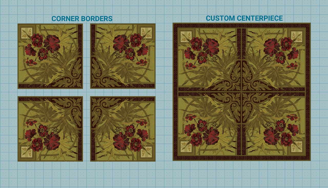 The Glenmore Mansion ceiling medallion reconstructed from four surviving seventeen-inch corner motifs, rotated inward and framed with a custom border