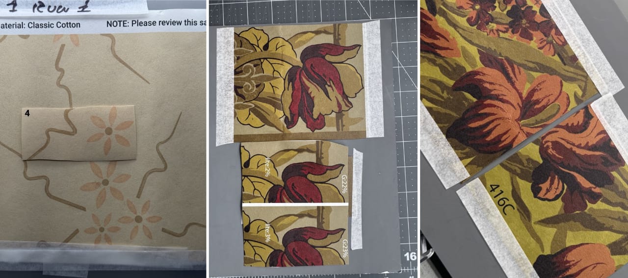 Ink calibration proofs of the Glenmore wallpaper motifs on the Classic Cotton substrate, hand-annotated for color correction