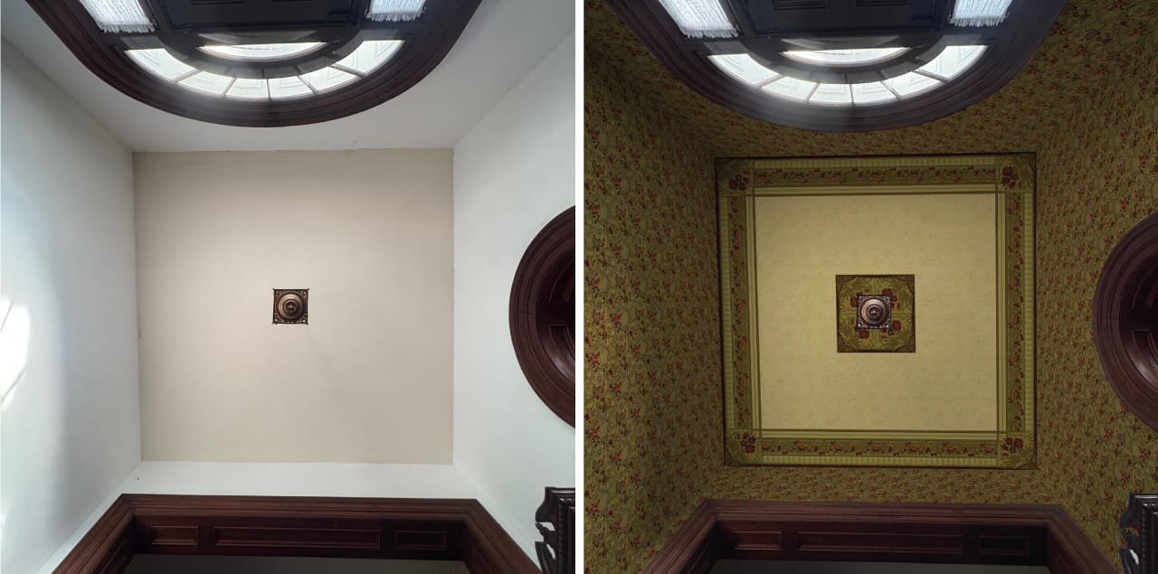 Before-and-after virtual mockup of the Glenmore Mansion foyer ceiling showing the reconstructed medallion, border, and ceiling pattern