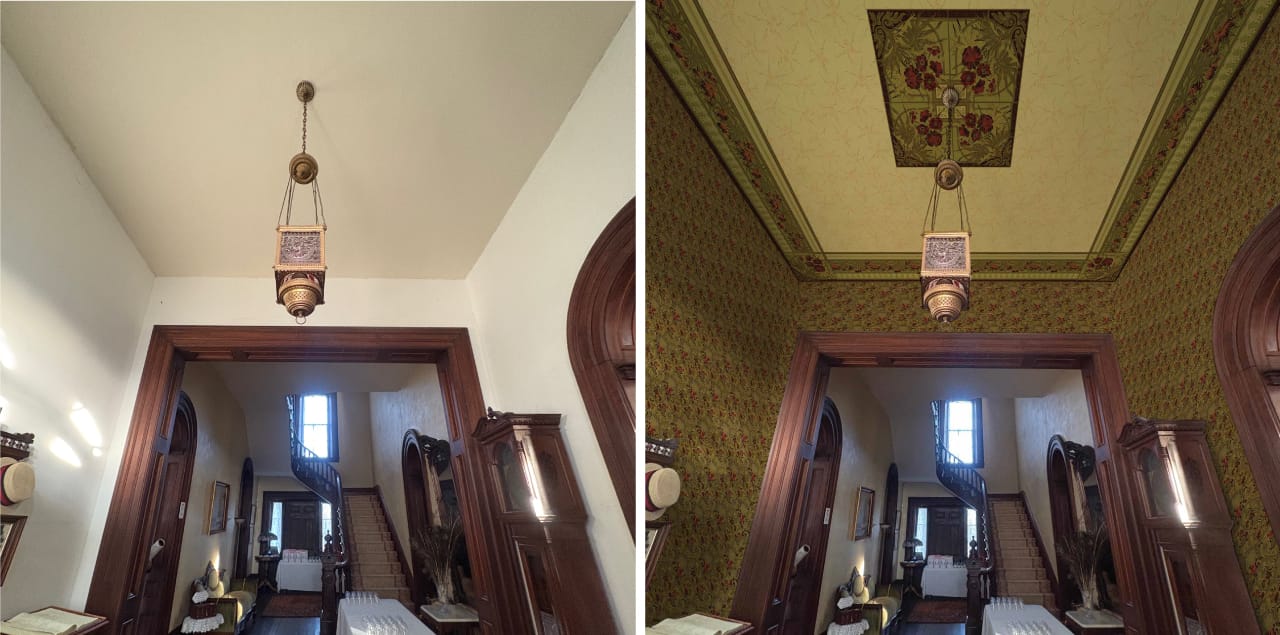 Before-and-after virtual mockup of the Glenmore Mansion foyer doorway with the recreated Victorian wall and ceiling papers