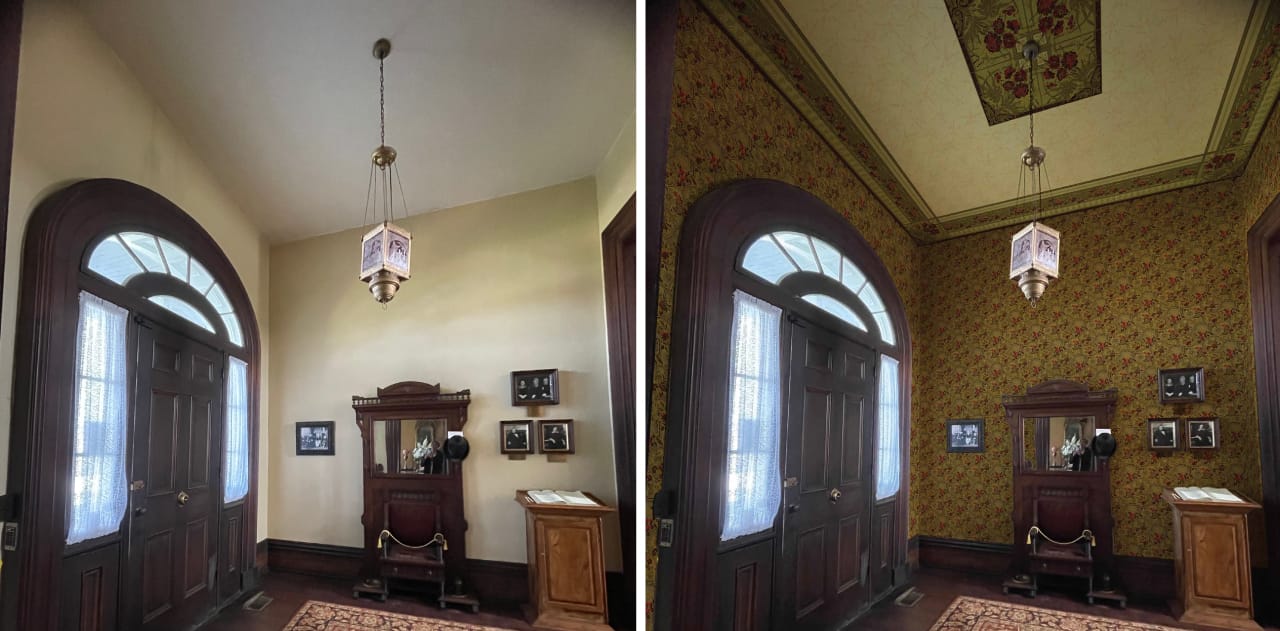 Before-and-after virtual mockup of the Glenmore Mansion foyer entrance with the recreated 1882 Victorian wallpaper scheme in place