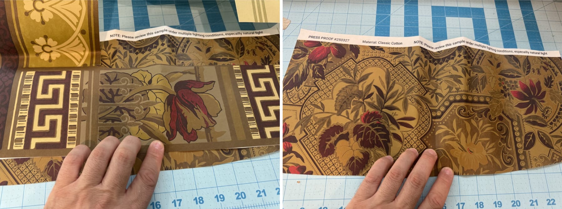 Printed strike-off color-test strips of the Glenmore wallpaper patterns checked by hand against the original fragments
