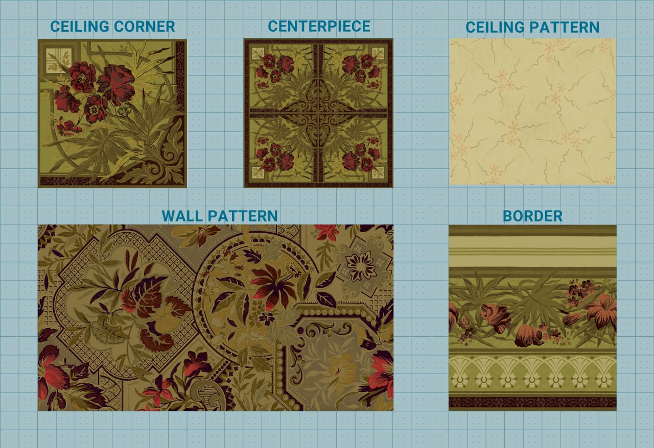 The finished set of print-ready Glenmore reproduction files — ceiling, border, corner panel, wall pattern, and medallion — the digital deliverable produced before printing