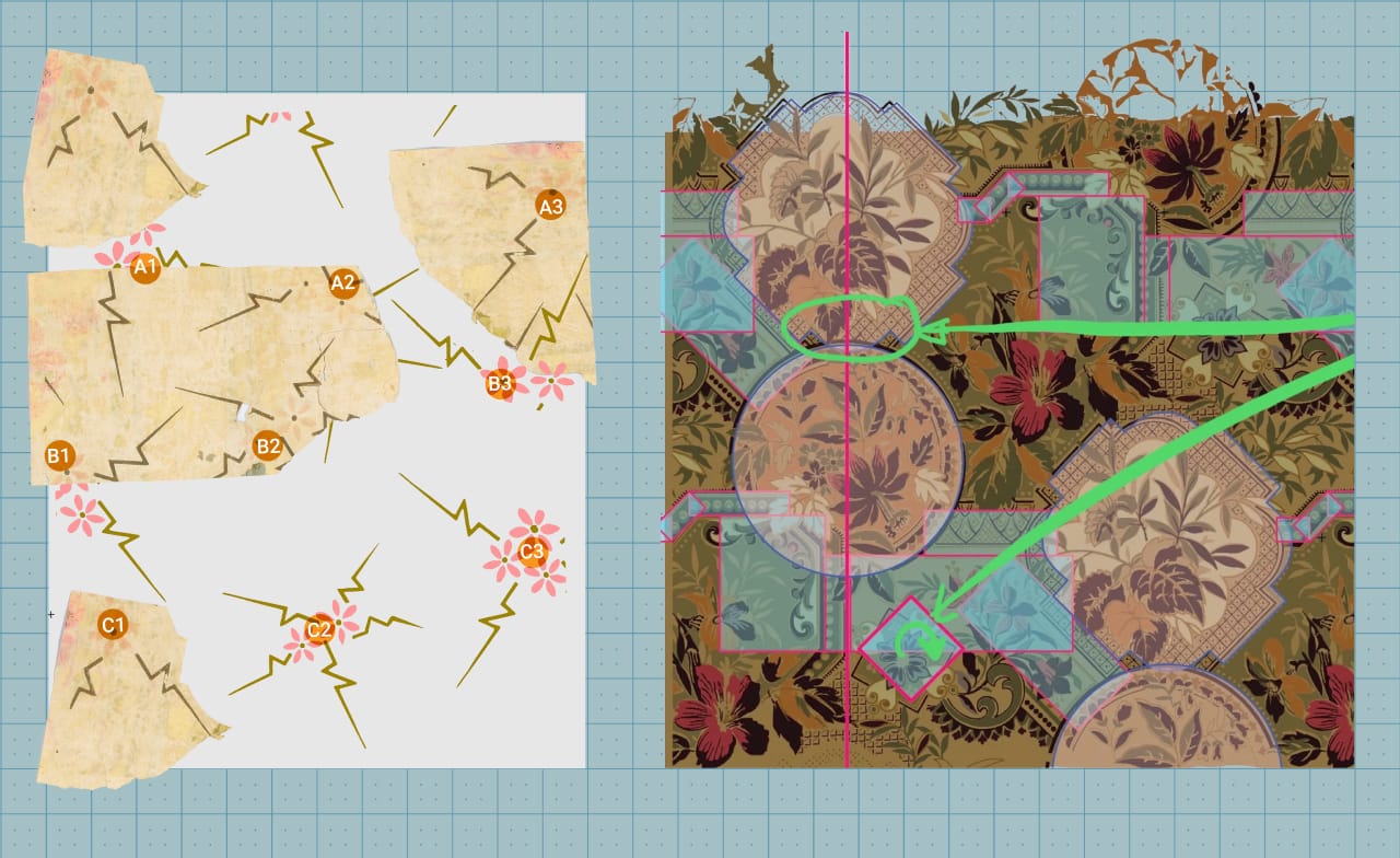 Damaged 1882 wallpaper fragments from Glenmore Mansion with the missing repeat structure reconstructed by hand from the pattern's implied geometry