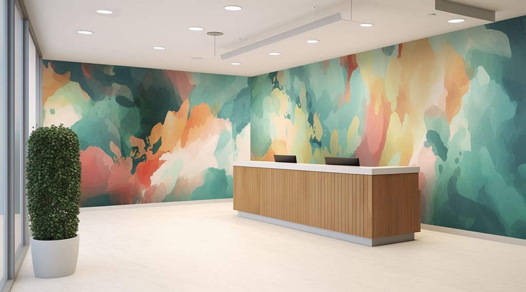 A hotel lobby with a large painterly mural behind the reception desk