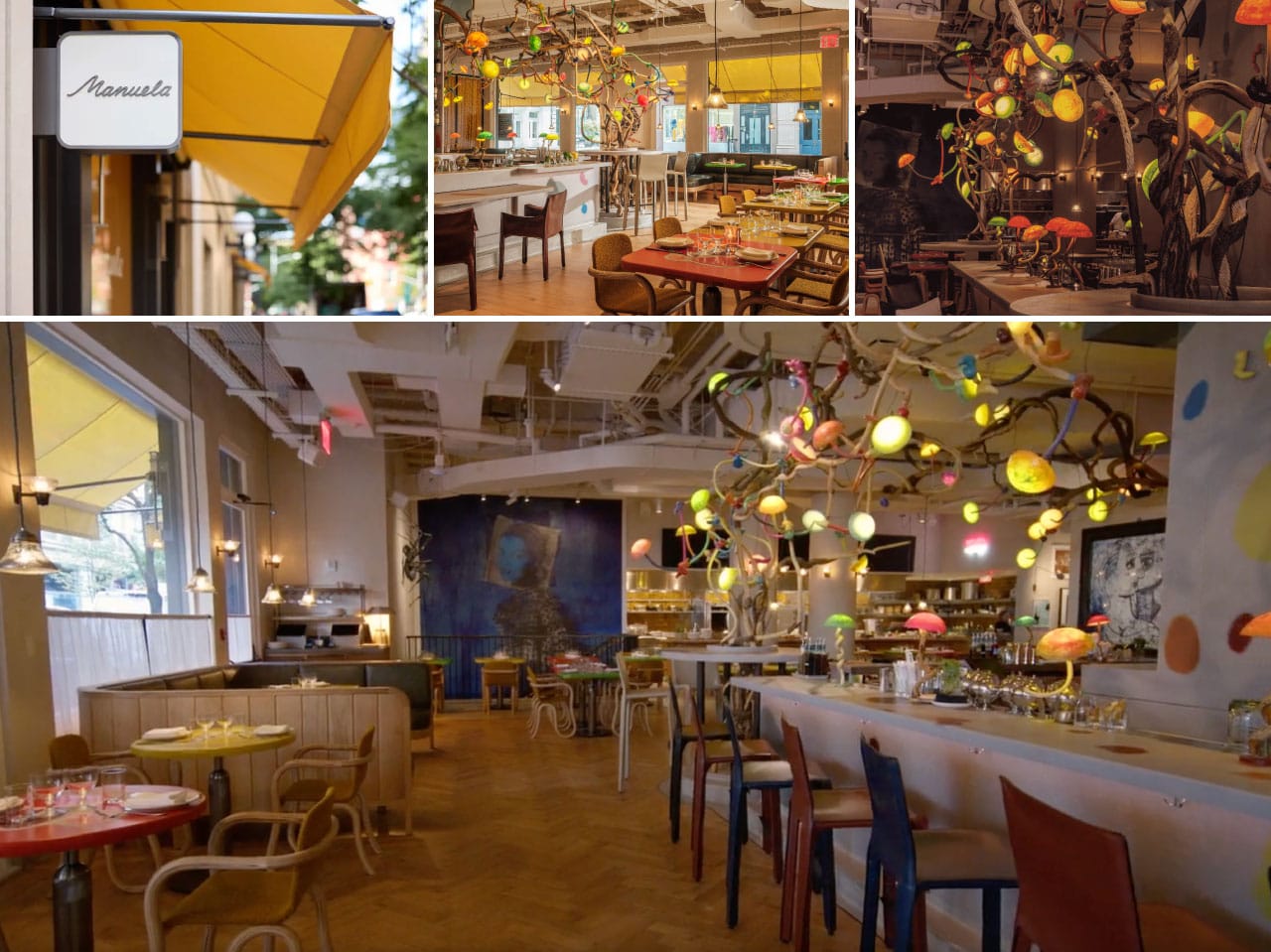 Manuela's awning on Prince Street, the dining room, Mika Rottenberg's bar of recycled plastic and bittersweet vine, and the Quiet Storm mural visible down the length of the room