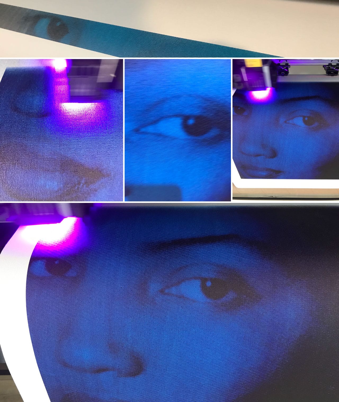 Quiet Storm printing on Artist Canvas under the UV curing lamp, with close-ups of the canvas texture and of the sitter's eye at full scale