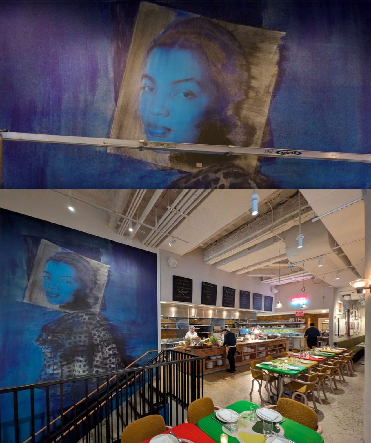 The finished Quiet Storm panel at close range, and the completed wall in Manuela's dining room with the open kitchen beyond