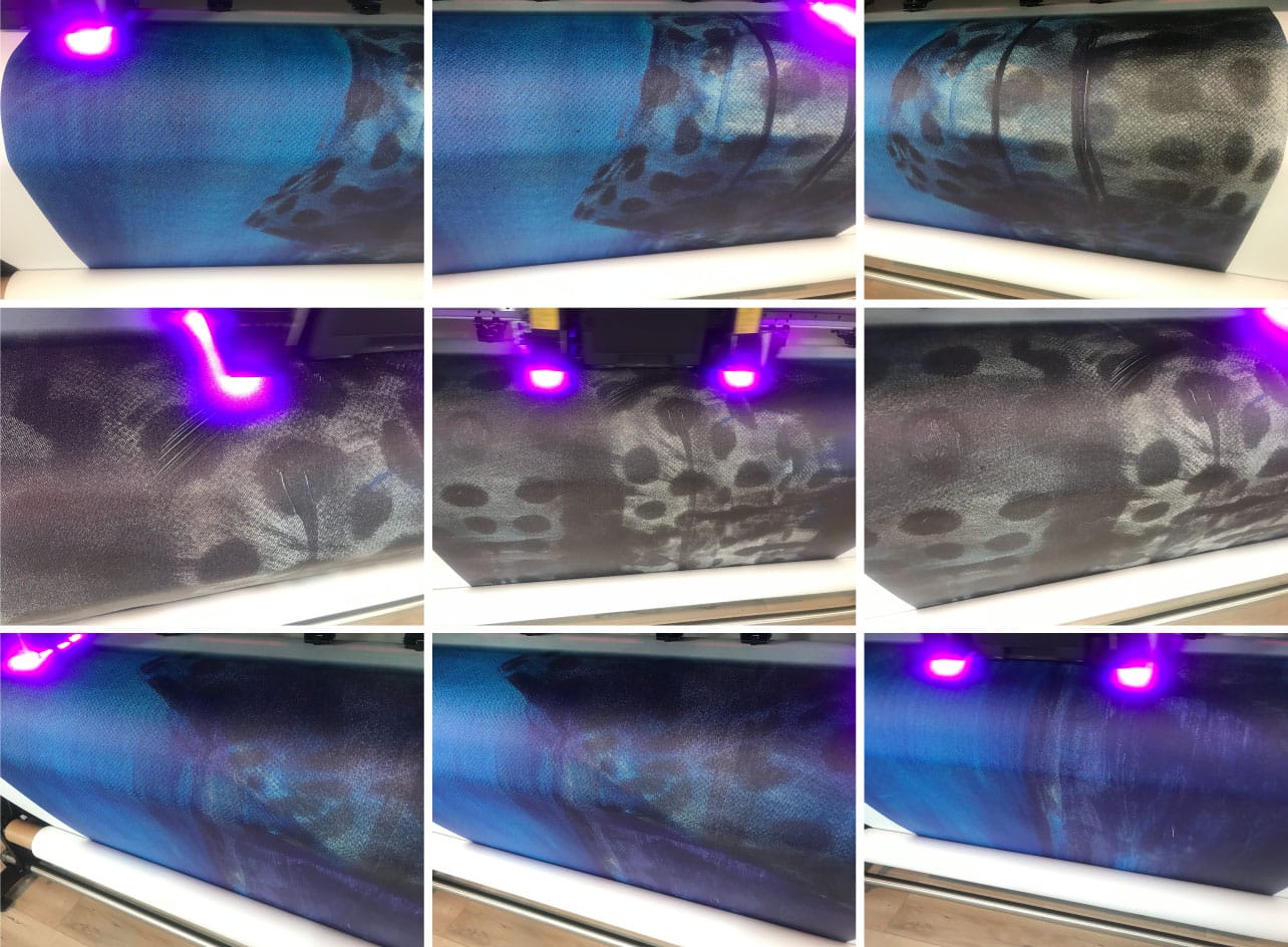 Nine passages of the painting printed at full scale on Artist Canvas and read on press, chosen to test contrast, shadow detail and the darkest fields