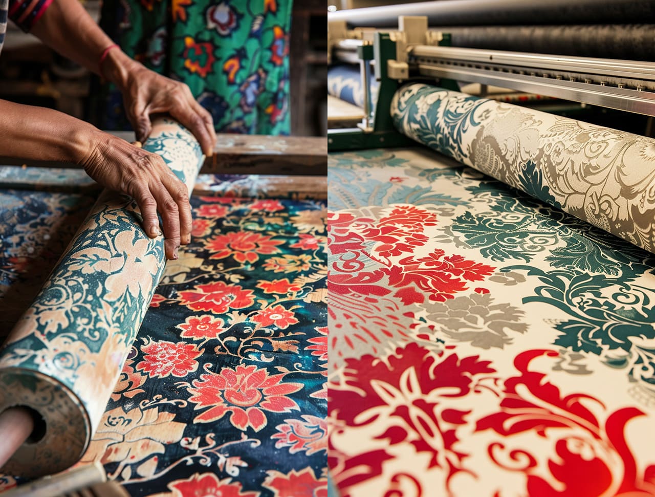 Traditional screen-printed wallpaper beside a digital print